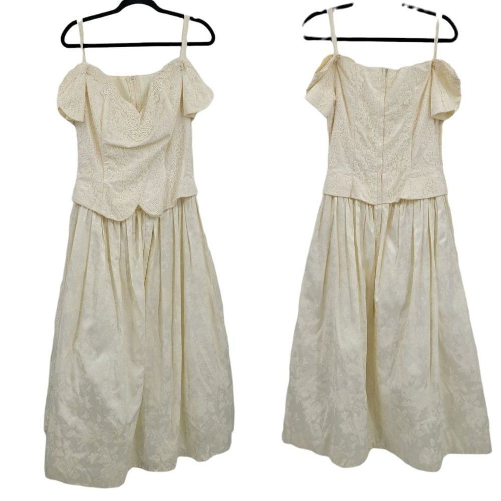 Vintage 80s Off Shoulder Full Maxi Dress M Vanilla Lace Bodice Prom Wedding